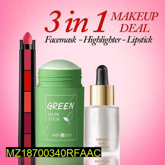 Makeup Deal 3 - Green Mask Stick, Liquid Highlighter & 5 in 1 Lipstick